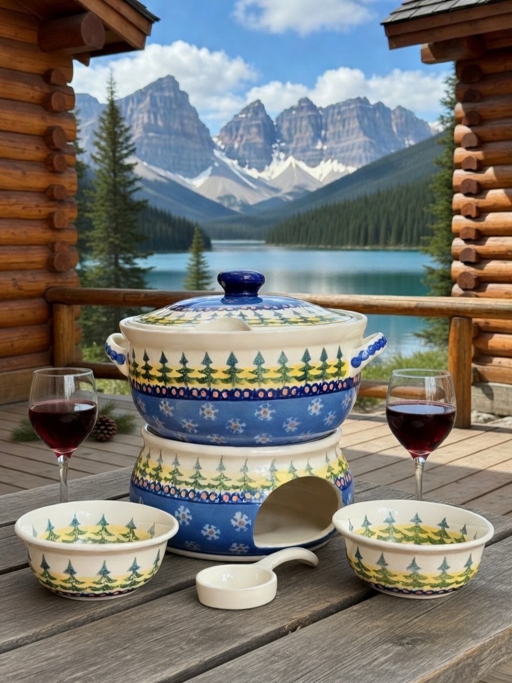 Vintage Hand-Painted Polish Pottery Fondue/Small Soup Tureen Blue and cream